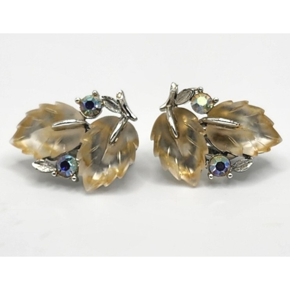 Lisner Thermoset Lucite Vintage Leaf Earrings Aurora Borealis Rhinestone...